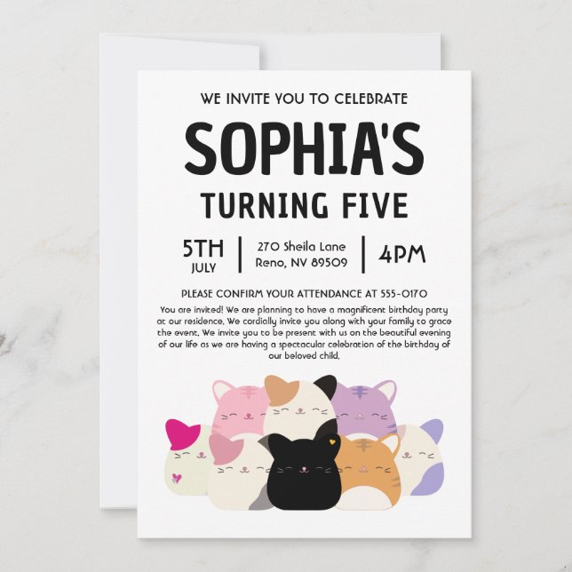 Invitation Cat Squishmallow Birthday Party (Devant)