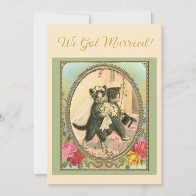 Invitation Cat Themed Wedding announcement Ivory and green (Devant)
