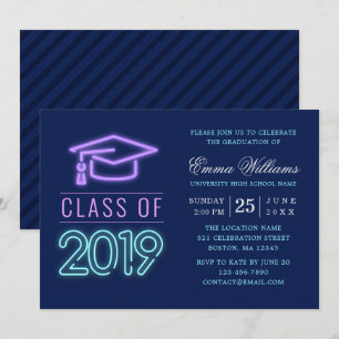 Invitation Catégorie 2019   Moderne Cool Neon Blue Graduation