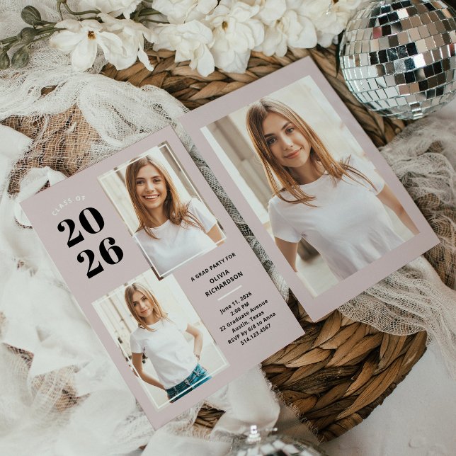 Invitation Catégorie 2023 | Trois photos Blush Pink Grad Part (Créateur téléchargé)