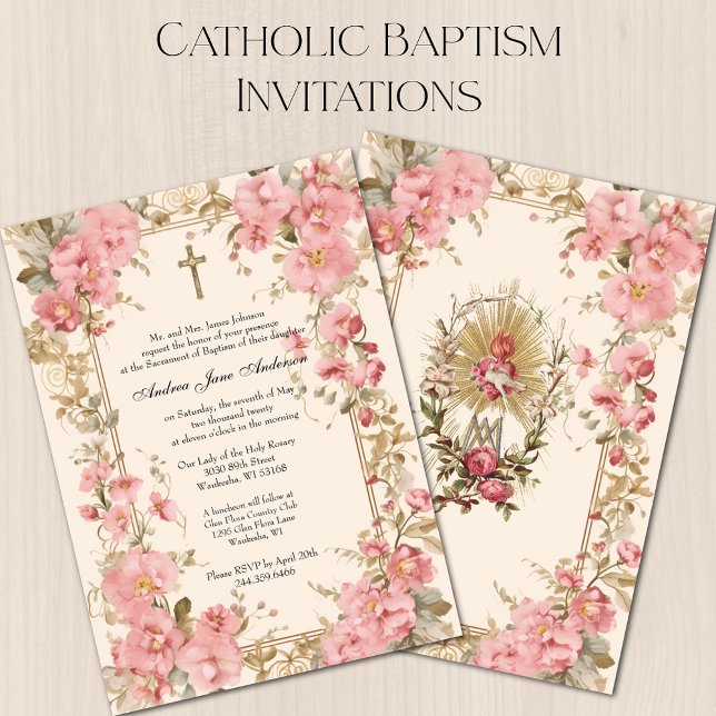 Invitation Catholique Baptême Fille Baptême Christening Rose  (Créateur téléchargé)
