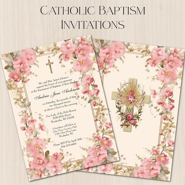 Invitation Catholique Baptême Fille Baptême Christening Rose  (Créateur téléchargé)