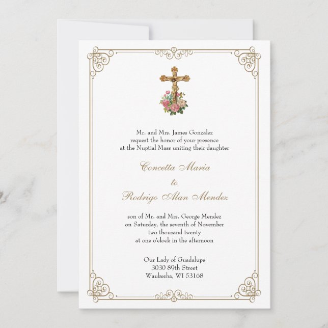 Invitation Catholique Crucifix Floral Mariage Gold (Devant)