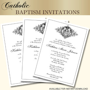 Invitation Catholique Élégant Baptême Christening Sainte Fami