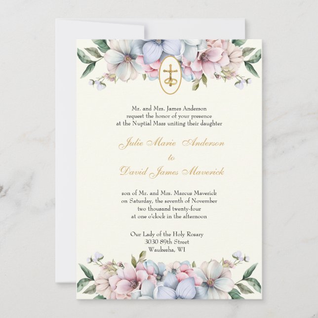 Invitation Catholique Élégant Floral Mariage religieux (Devant)