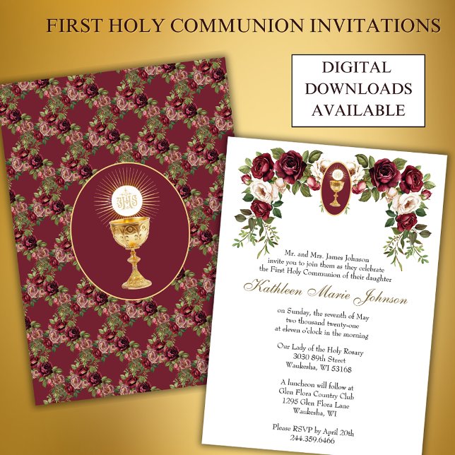 Invitation Catholique Élégante Bourgogne Première Communion S (Créateur téléchargé)