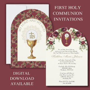 Invitation Catholique Élégante Bourgogne Première Communion S