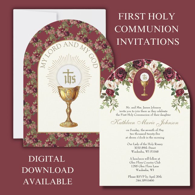 Invitation Catholique Élégante Bourgogne Première Communion S (Créateur téléchargé)