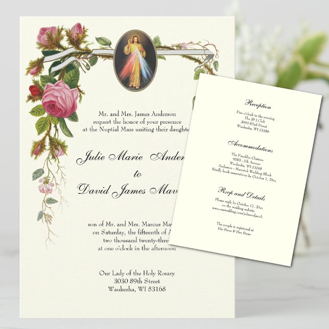 Invitation Catholique Élégante Mariage ivoire Divine Miscy CO (Divine Mercy Traditional Catholic Wedding Invitations)