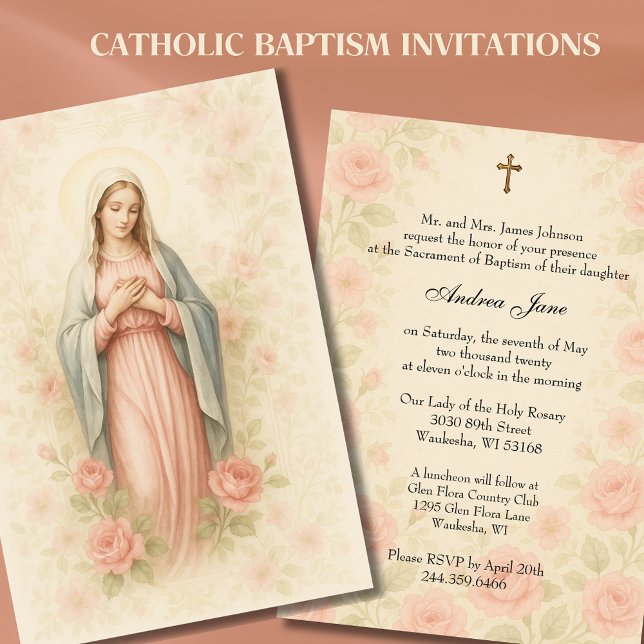 Invitation Catholique Fille Baptême Mère Mary Roses Rose (Créateur téléchargé)