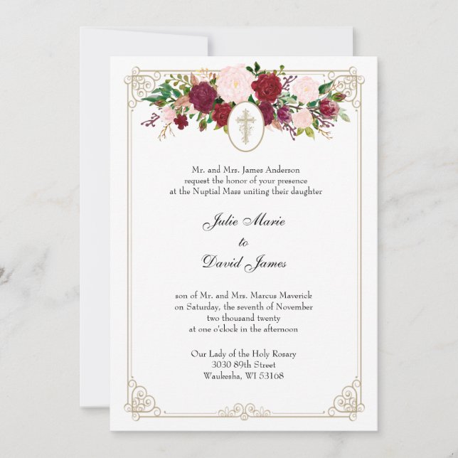 Invitation Catholique Floral Élégant Mariage religieux (Devant)