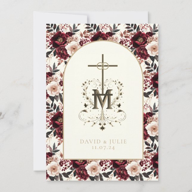Invitation Catholique rouge foncé Blush Floral Mariage religi (Dos)