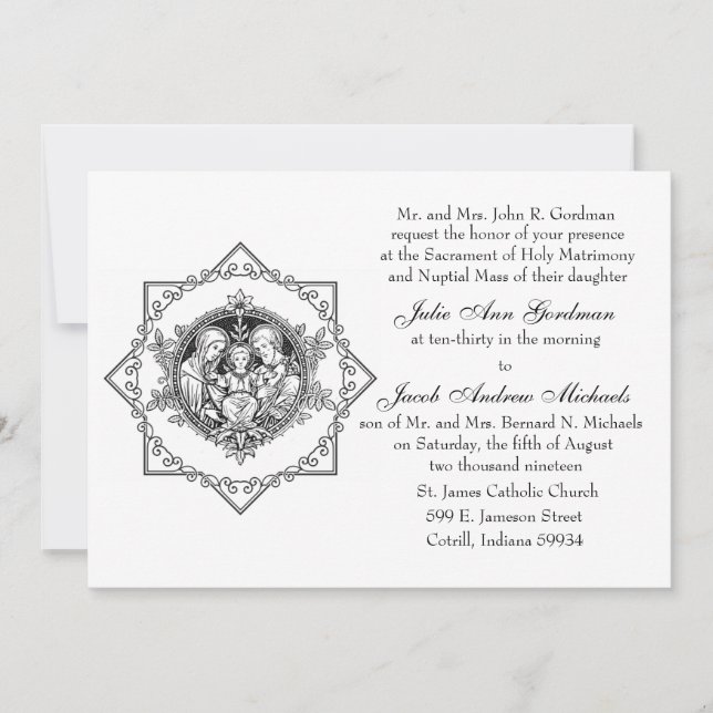Invitation Catholique Sainte Famille Mariage noir et blanc (Devant)