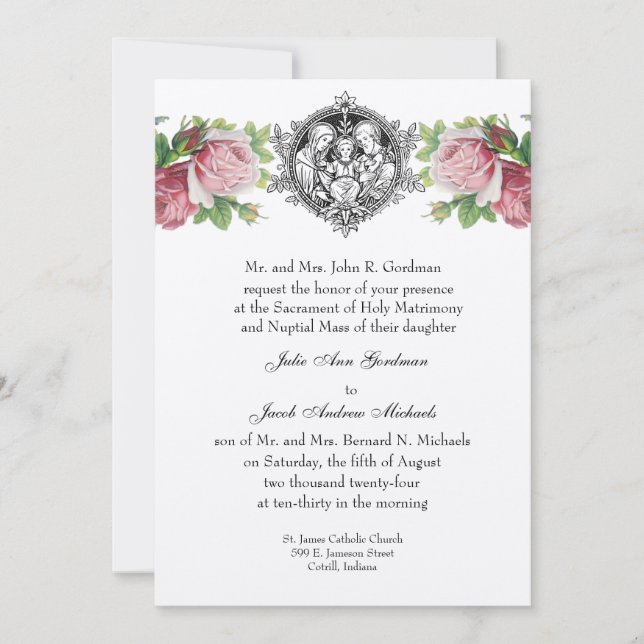 Invitation Catholique Sainte Famille Rose Roses Mariage Flora (Devant)