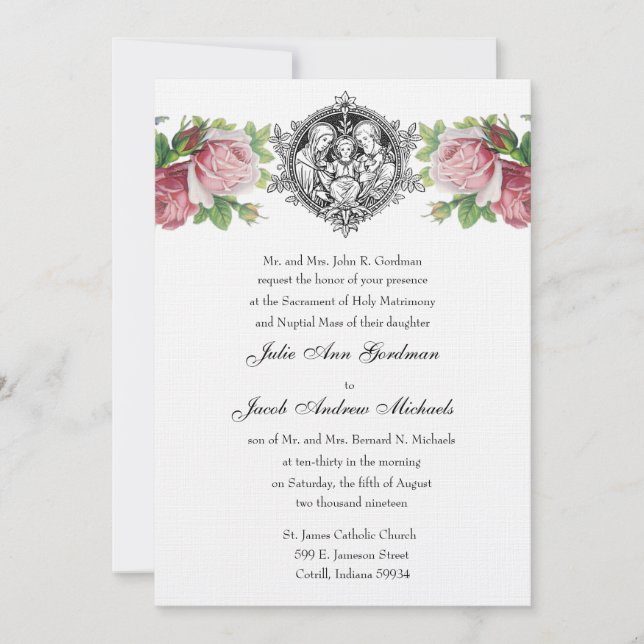 Invitation Catholique Sainte Famille Rose Roses Mariage Flora (Devant)