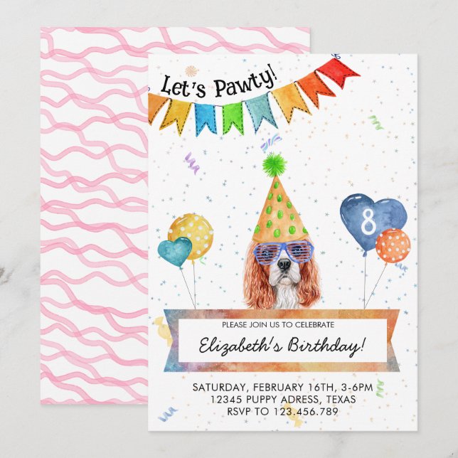 Invitation Cavalier Spaniel laisse Pawty Dog fête d'anniversa (Devant / Derrière)