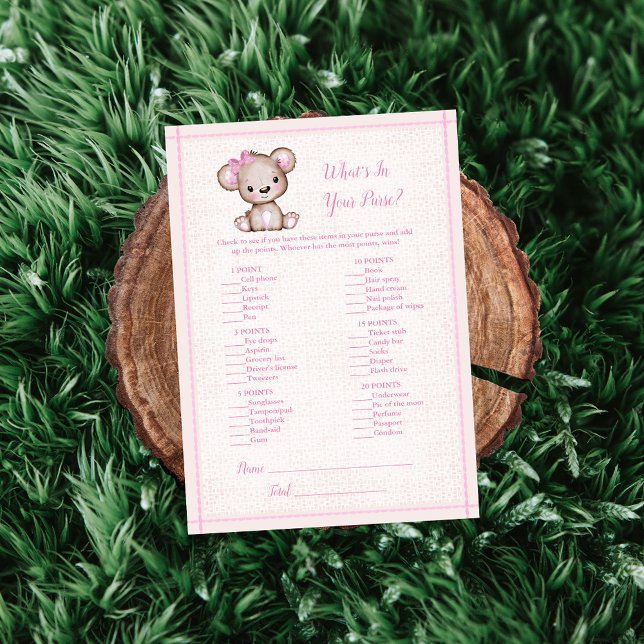 Invitation Ce qui dans votre sac mignon fille Bear Game Card (Créateur téléchargé)