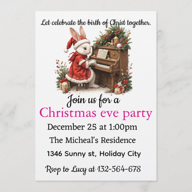 Invitation Celebrate Birth of Christ White Bunny Christmas (Devant)