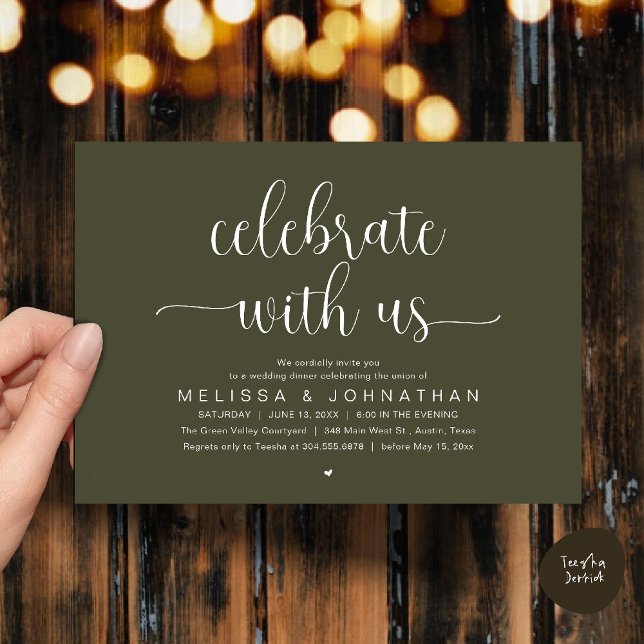 Invitation Celebrate With Us Modern Minimalist Wedding Dinner (Celebrate With Us, Modern Minimalist Wedding Reception Dinner Party Invites Card Olive Green)