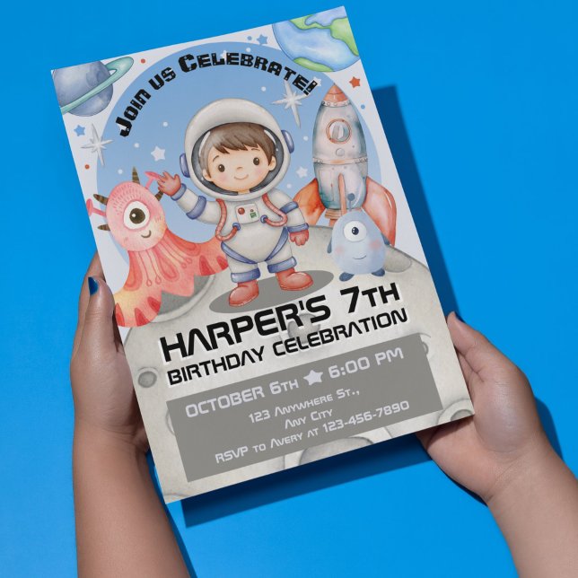 Invitation Célébration céleste : Astronaute bleu clair (Stellar Space Adventures: Watercolor Kids Birthday Collection)