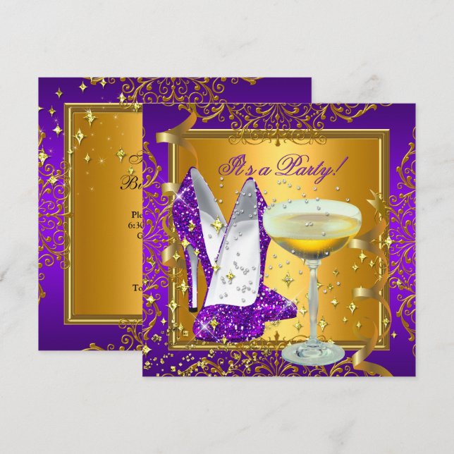 Invitation Célébration Champagne violet Royal Gold Party (Devant / Derrière)