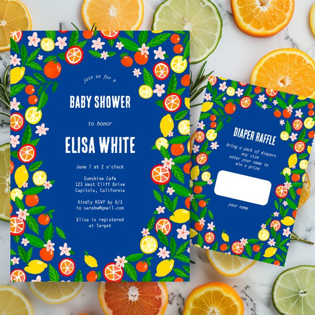 Invitation Célébration Citrus CUSTOM Bold BABY SHOWER d'été (Citrus Celebration CUSTOM Bold Summer BABY SHOWER Invitation Blue Baby Boy Oranges Lemons)