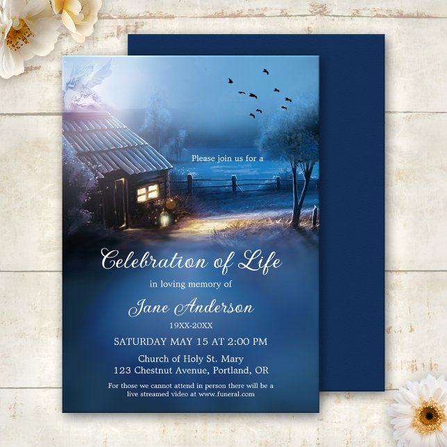Invitation Célébration commémorative illustrée de la vie  (Memorial or celebration of life invitation featuring a country home with angel guidance light)