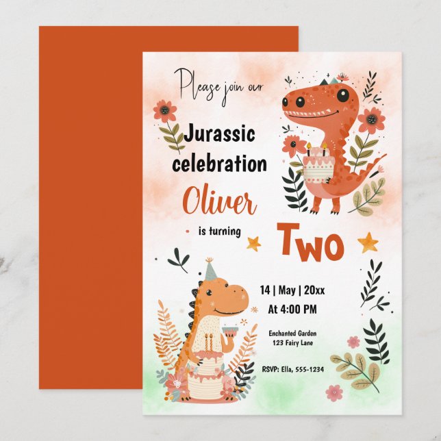 Invitation Célébration d'anniversaire de dinosaures Aquarelle (Devant / Derrière)