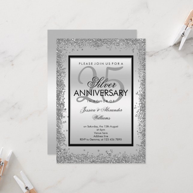 Invitation Célébration de 25 ans de mariage Argent et Noir Br (Devant/Arrière en situation)