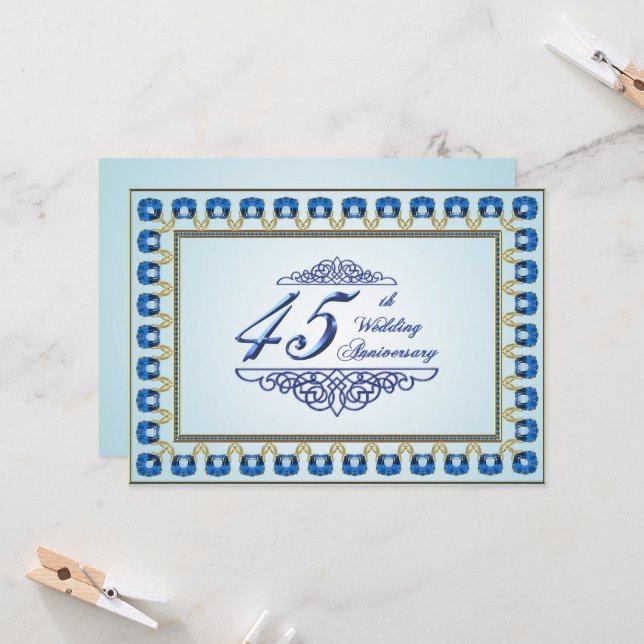 Invitation Célébration de 45 ans de mariage Saphir Bleu Or (Devant/Arrière en situation)