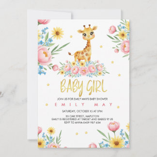 Invitation Célébration de Baby Shower Petite Fille Girafe