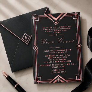 Invitation Célébration de gala Art Déco or rose et noir