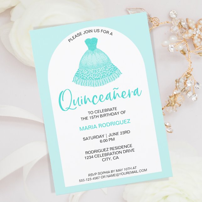 Invitation Célébration de la Quinseanera de l'Aqua Gown moder (Créateur téléchargé)
