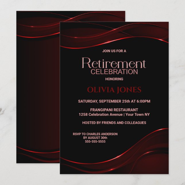 Invitation Célébration de la retraite rouge noire moderne (Devant / Derrière)