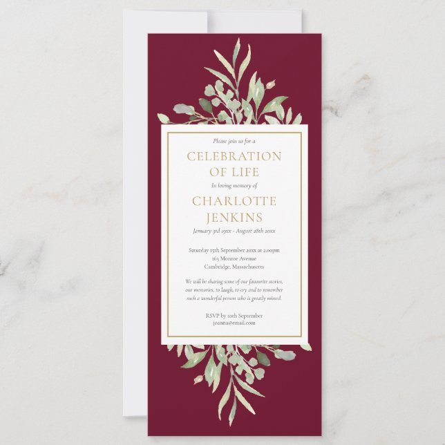 Invitation Célébration de la verdure de la vie Service funéra (Devant)