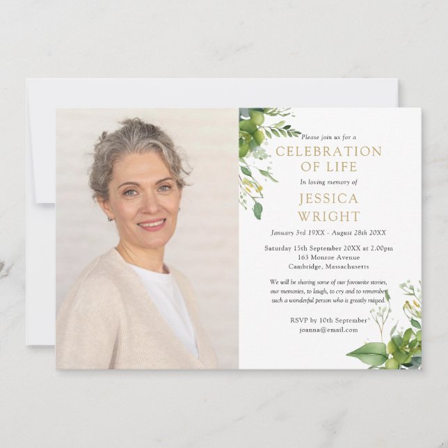 Invitation Célébration de la verdure Photo de funérailles de  (Devant)