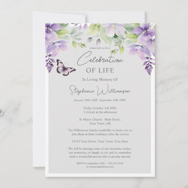 Invitation Célébration de la vie 4 Photo Purple Floral Funera (Devant)