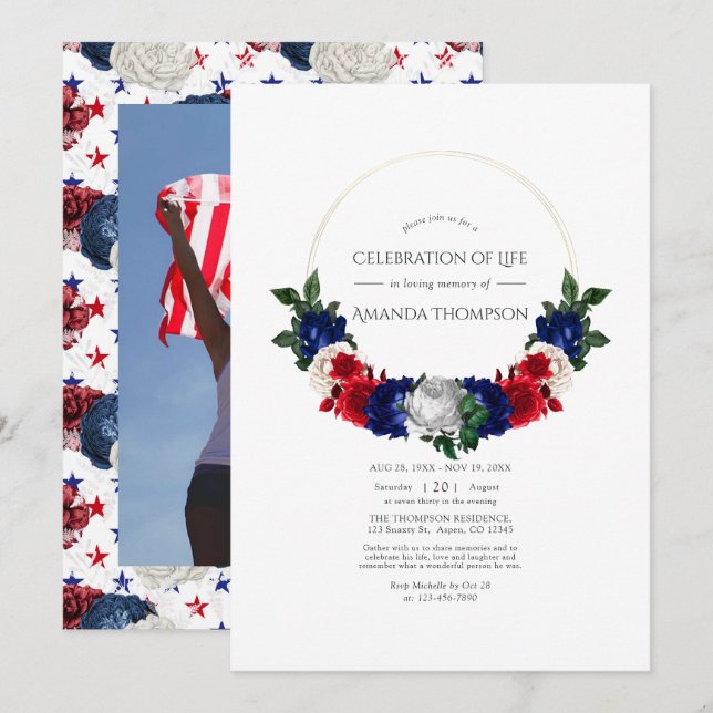 Invitation Célébration de la vie américaine rouge blanc et bl (Devant / Derrière)