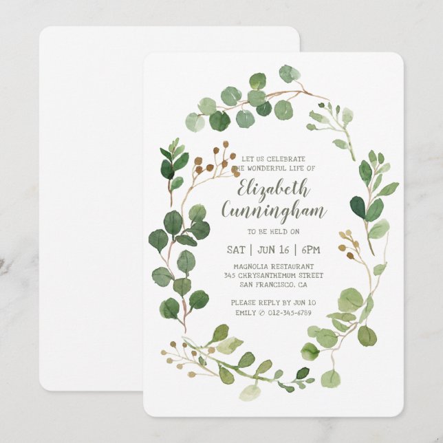 Invitation Célébration de la vie Aquarelle Verdure Foliage (Devant / Derrière)