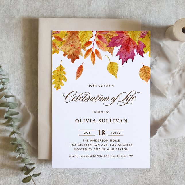 Invitation Célébration de la vie avec des feuilles d'automne  ( Autumn Watercolor Leaves Celebration of Life Invitation with Matching Back Pattern)