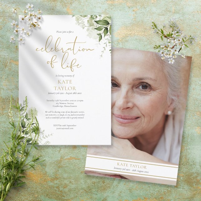 Invitation Célébration de la vie avec photo de verdure funéra (Créateur téléchargé)