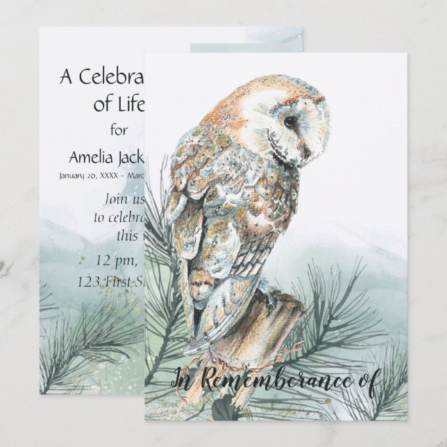 Invitation Célébration de la vie Barn Owl (Devant / Derrière)