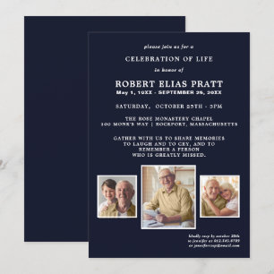 Invitation Célébration de la vie bleu foncé blanc 3 Photo