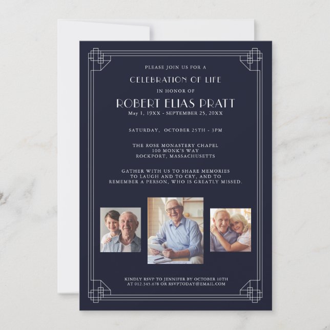 Invitation Célébration de la vie bleu foncé blanc 3 Photo Inv (Devant)