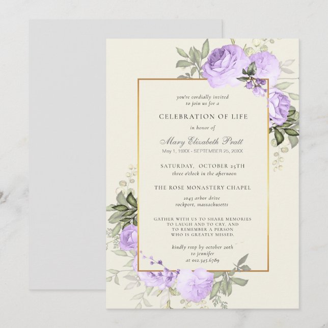 Invitation Célébration de la vie Blush violet Rose Floral (Devant / Derrière)