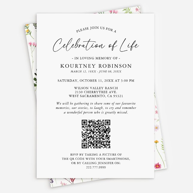 Invitation Célébration de la vie | Code QR funéraire Fleur sa (Créateur téléchargé)