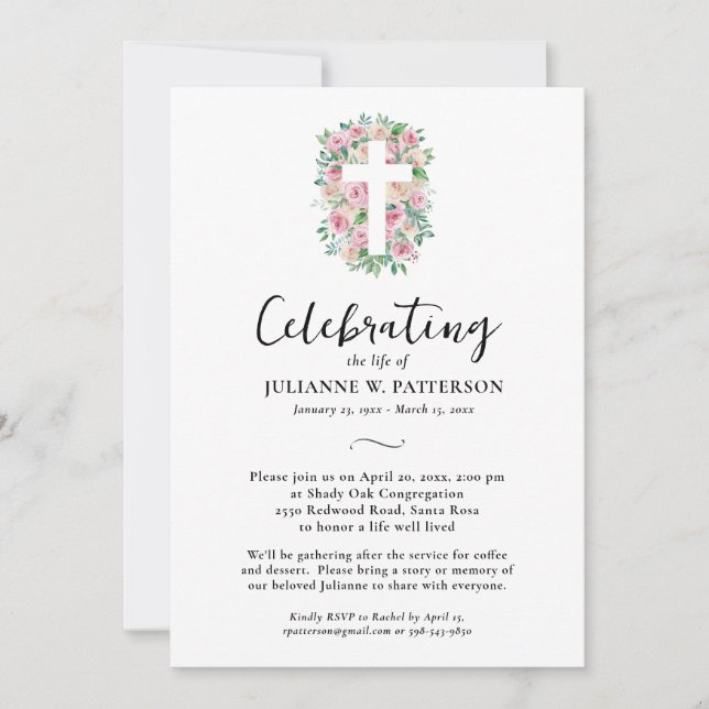 Invitation Célébration de la vie, Croix de rose, Photo, Funér (Devant)