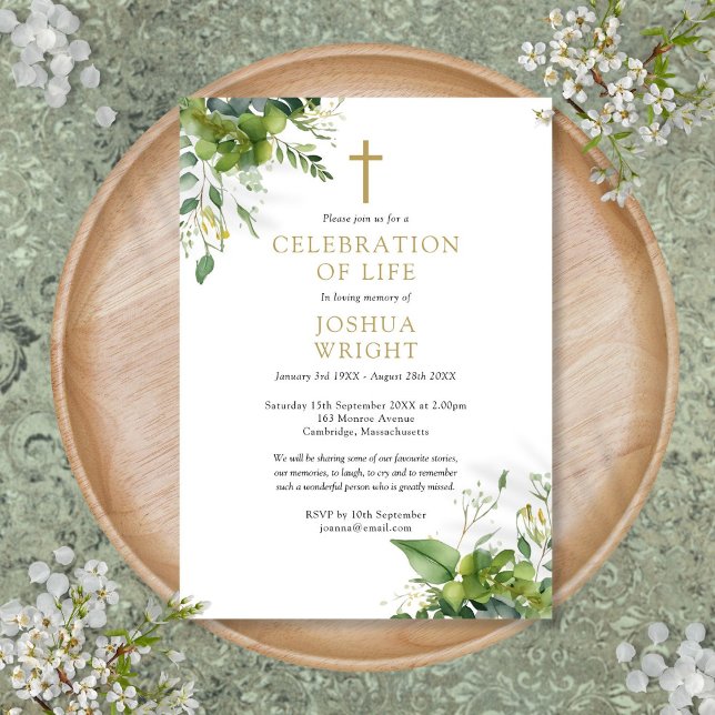 Invitation Célébration De La Vie Des Fêtes De La Vie (Christian Greenery Celebration Of Life Funeral Invitation)
