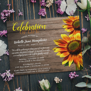 Invitation Célébration de la vie du tournesol rustique Funé