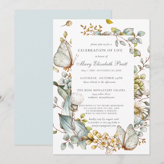 Invitation Célébration de la vie Dusty Bleu Botanique (Devant / Derrière)